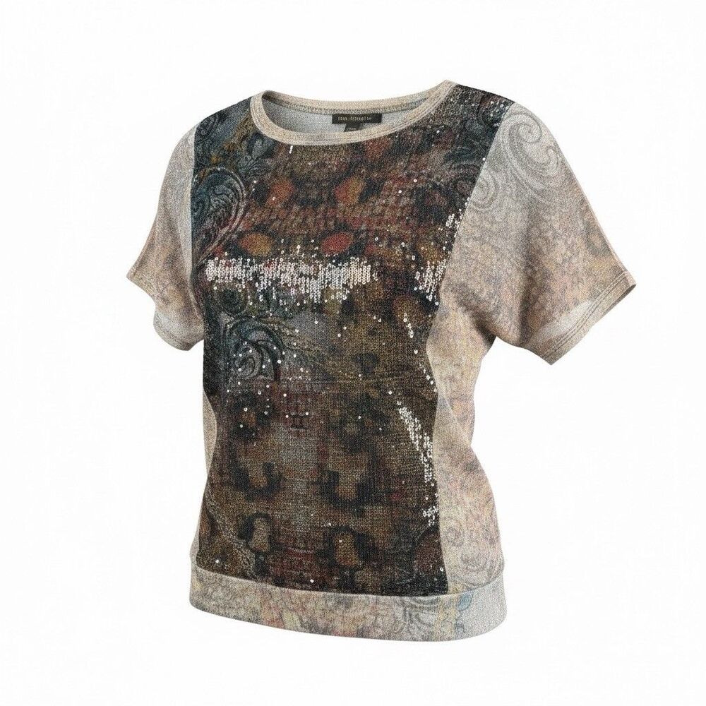 Daytrip Multicolor Artsy Print Sequin Round Neck Short Sleeve Tunic Blouse M